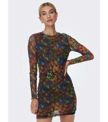 NEON & NYLON Multicoloured Abstract Mesh Long Sleeve Mini Dress