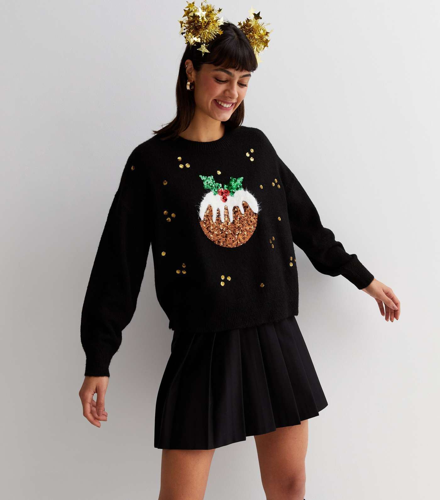 Black Knit Sequin Embellished Christmas Pudding Jumper Image 2