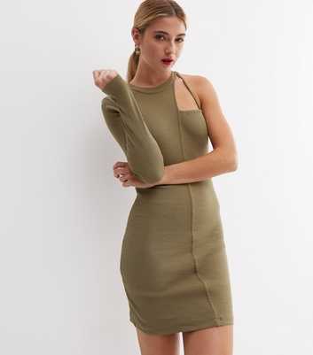 NEON & NYLON Olive Ribbed Cut Out Long Sleeve Mini Bodycon Dress
