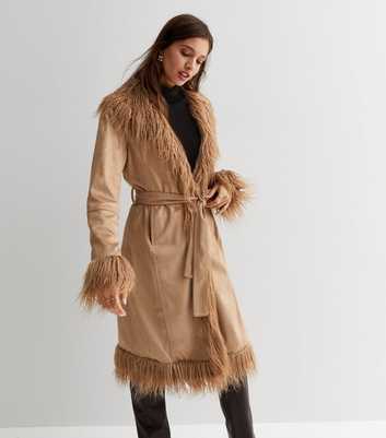 NEON & NYLON Camel Faux Fur Trim Long Belted Coat