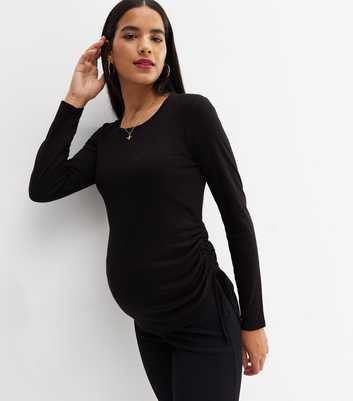 Maternity Black Ribbed Ruched Side Long Sleeve Top
