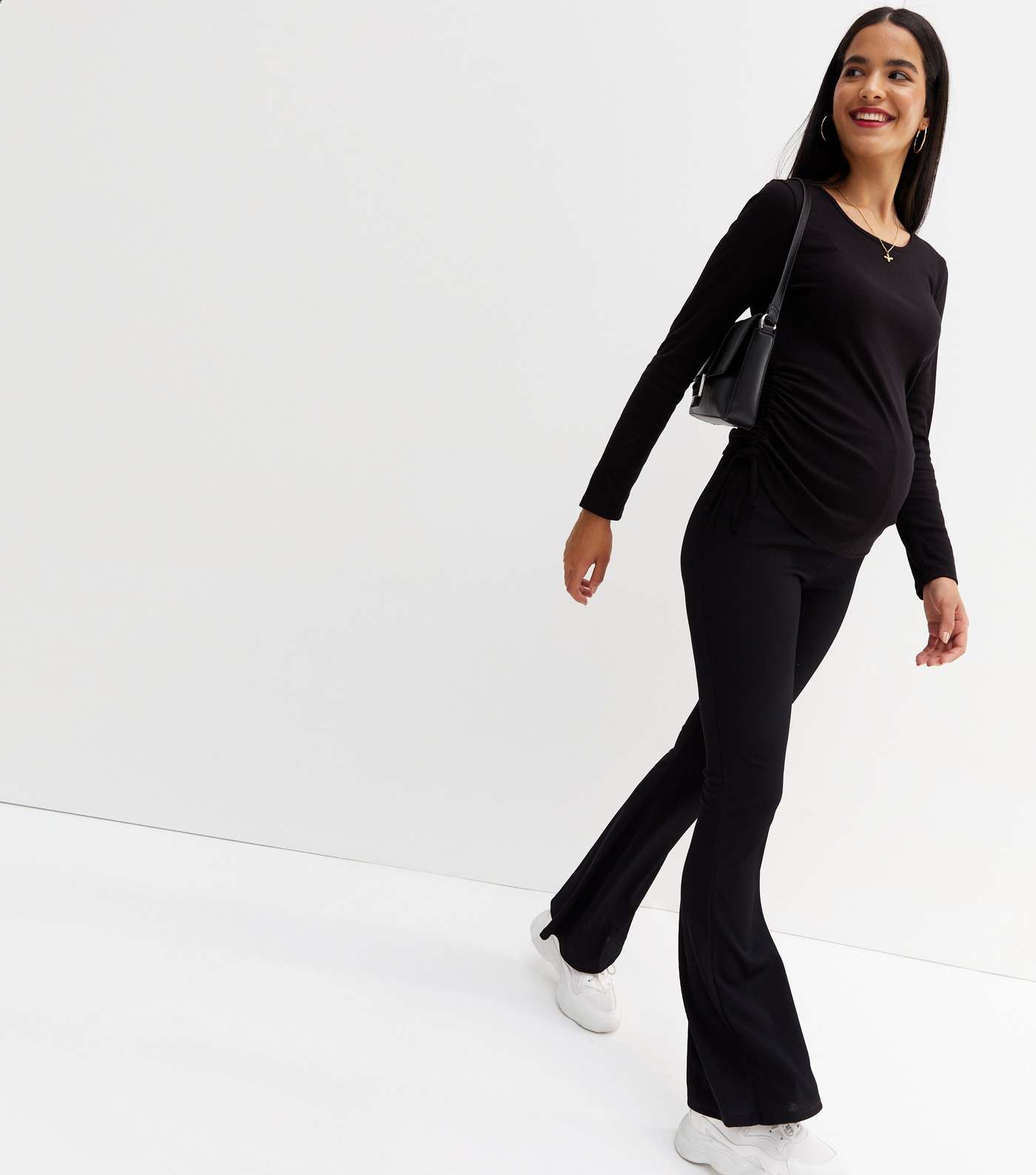 Maternity Black Ribbed Ruched Side Long Sleeve Top Image 3