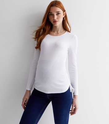 Maternity White Ribbed Ruched Side Long Sleeve Top