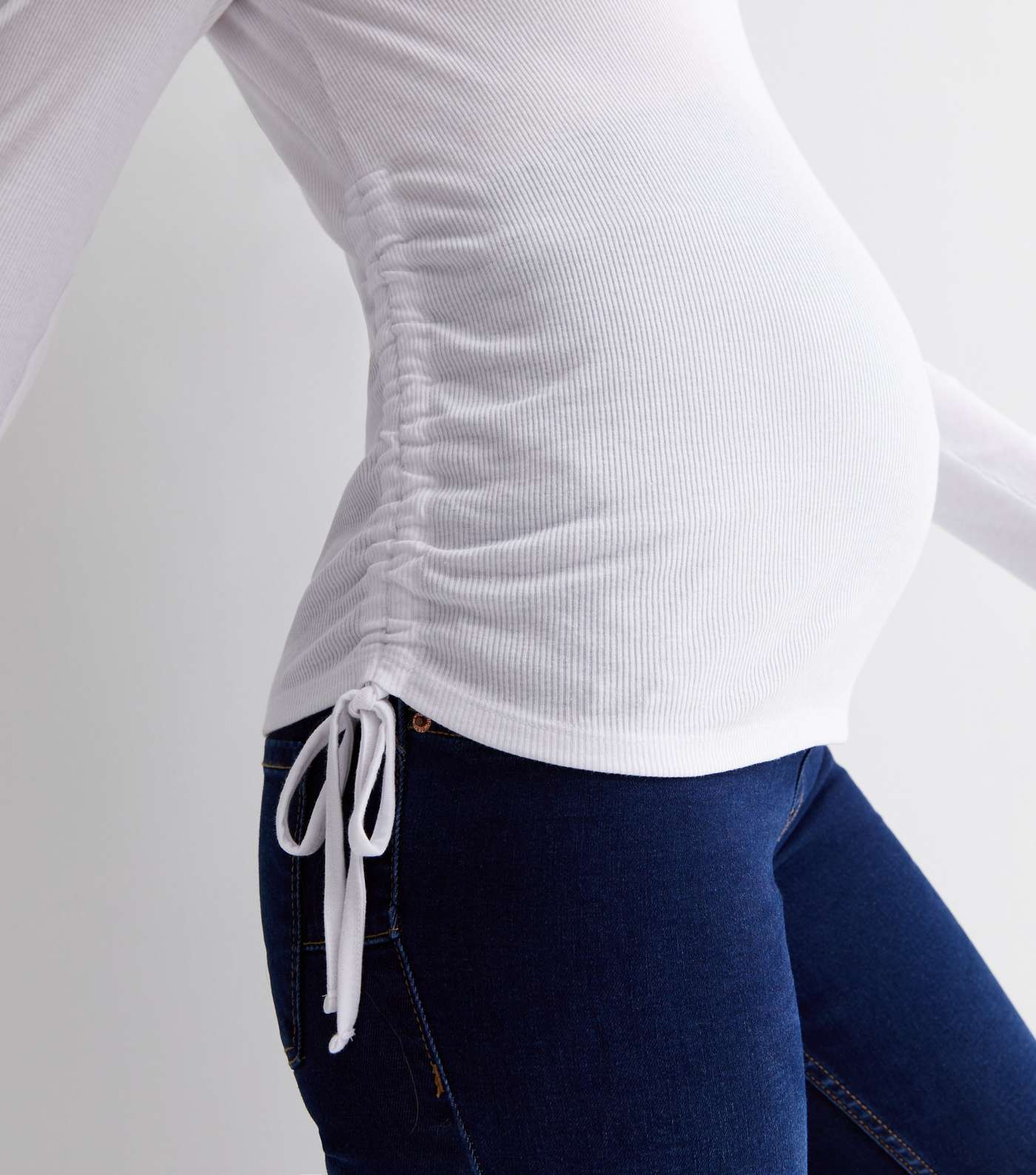 Maternity White Ribbed Ruched Side Long Sleeve Top Image 2