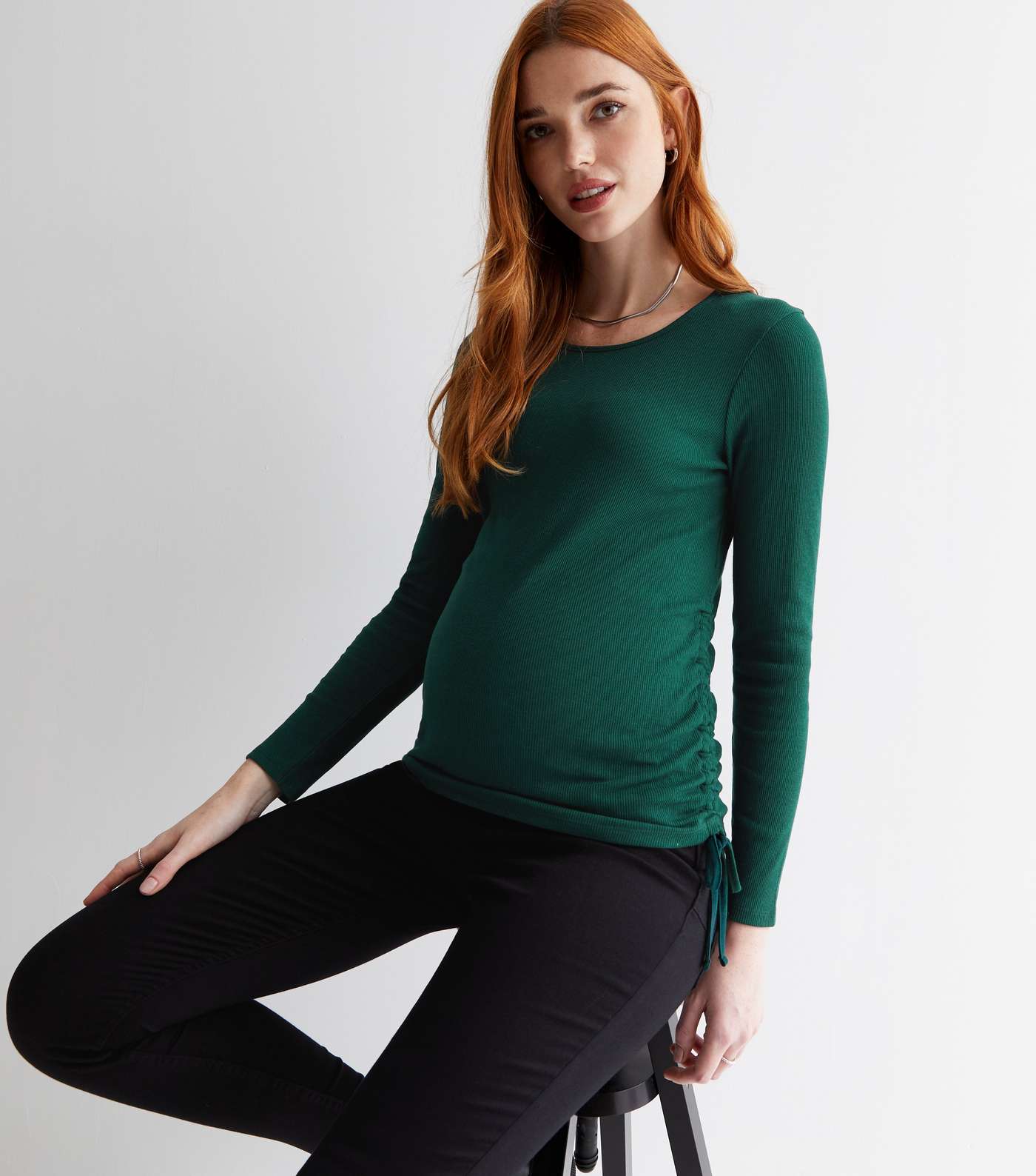 Maternity Dark Green Ribbed Ruched Side Long Sleeve Top