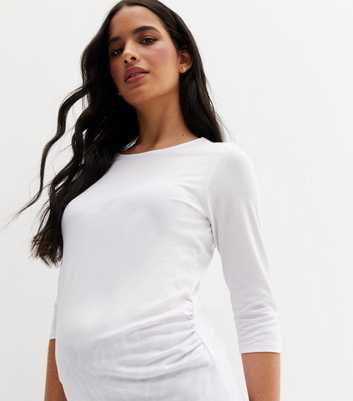 Maternity White Ruched 3/4 Sleeve Crew Top