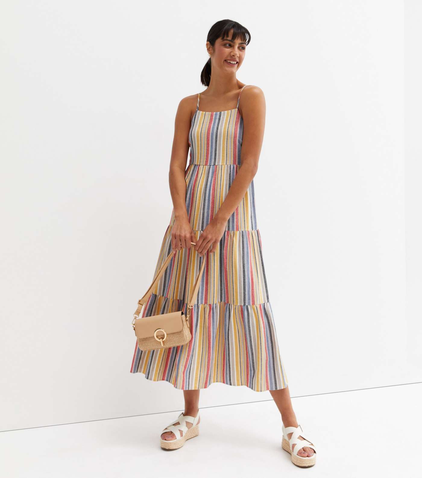 Multicoloured Stripe Linen-Look Maxi Dress