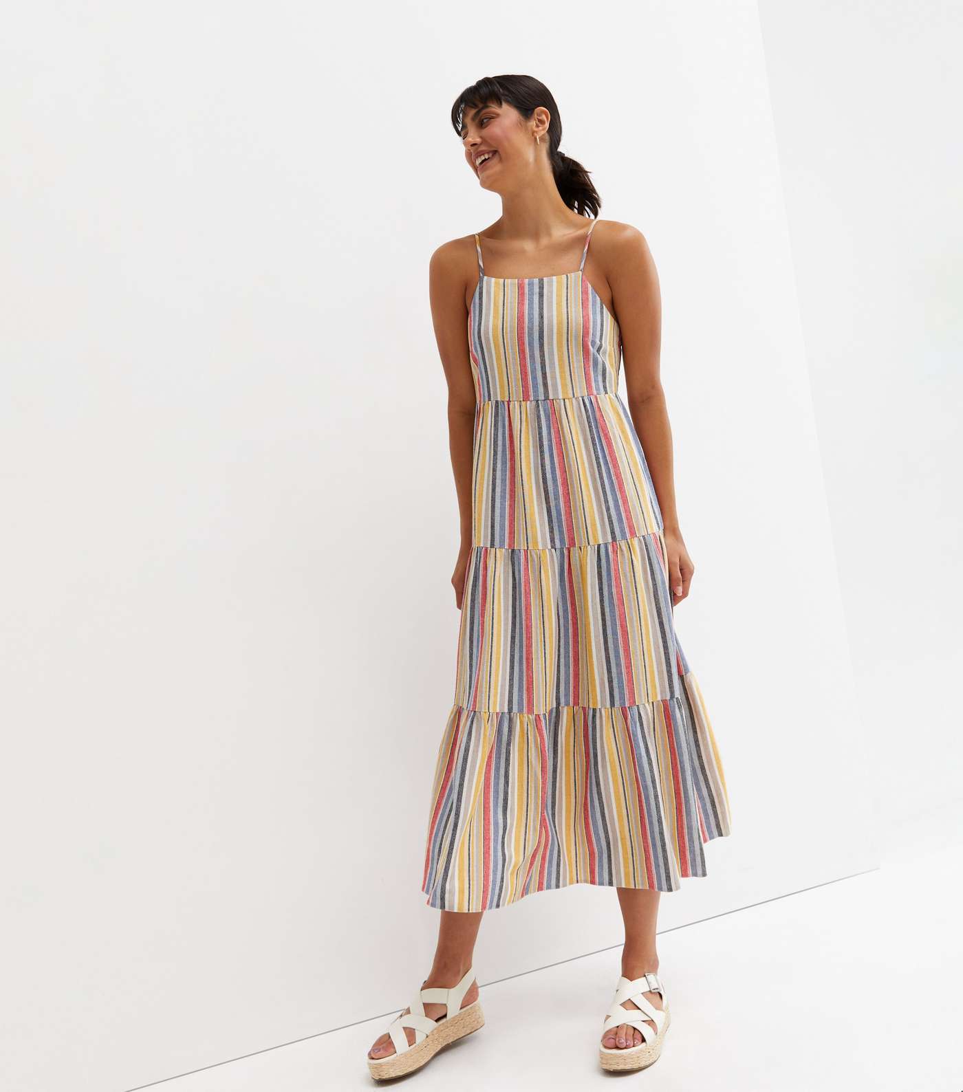 Multicoloured Stripe Linen-Look Maxi Dress Image 3