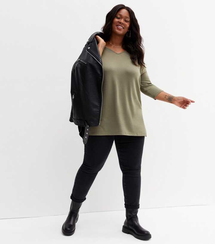 Curves Olive Fine Knit Long V Neck Top