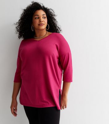 Curves Bright Pink Fine Knit Long V Neck Top New Look