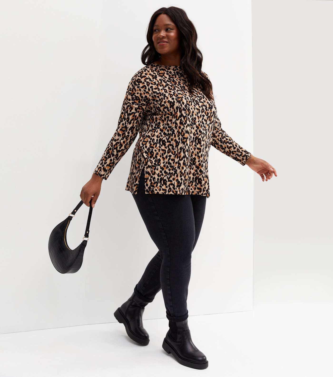 Curves Brown Leopard Print Fine Knit Long Sleeve Top Image 2