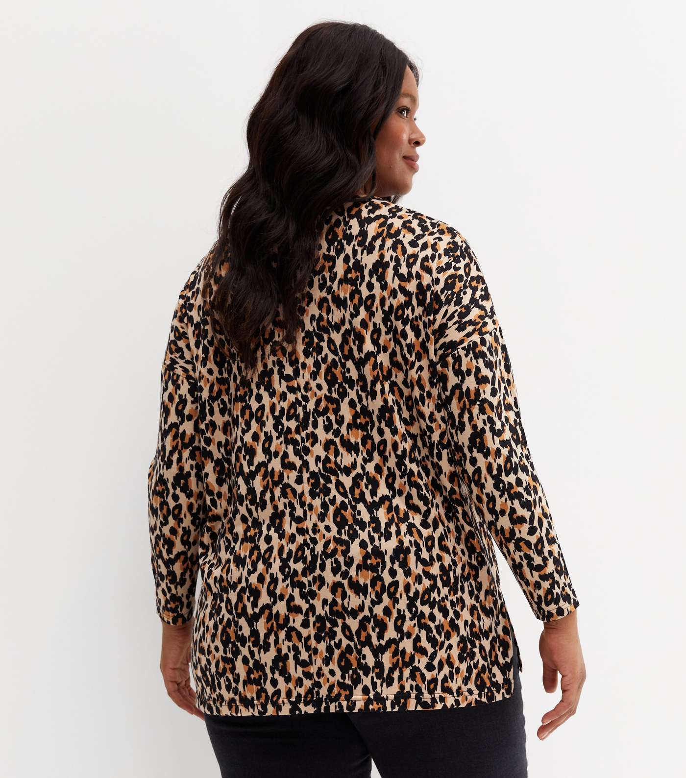 Curves Brown Leopard Print Fine Knit Long Sleeve Top Image 4