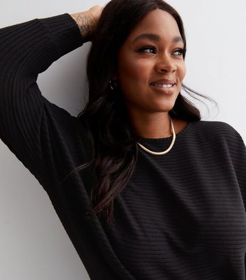 Curves Black Ribbed Fine Knit Batwing Top