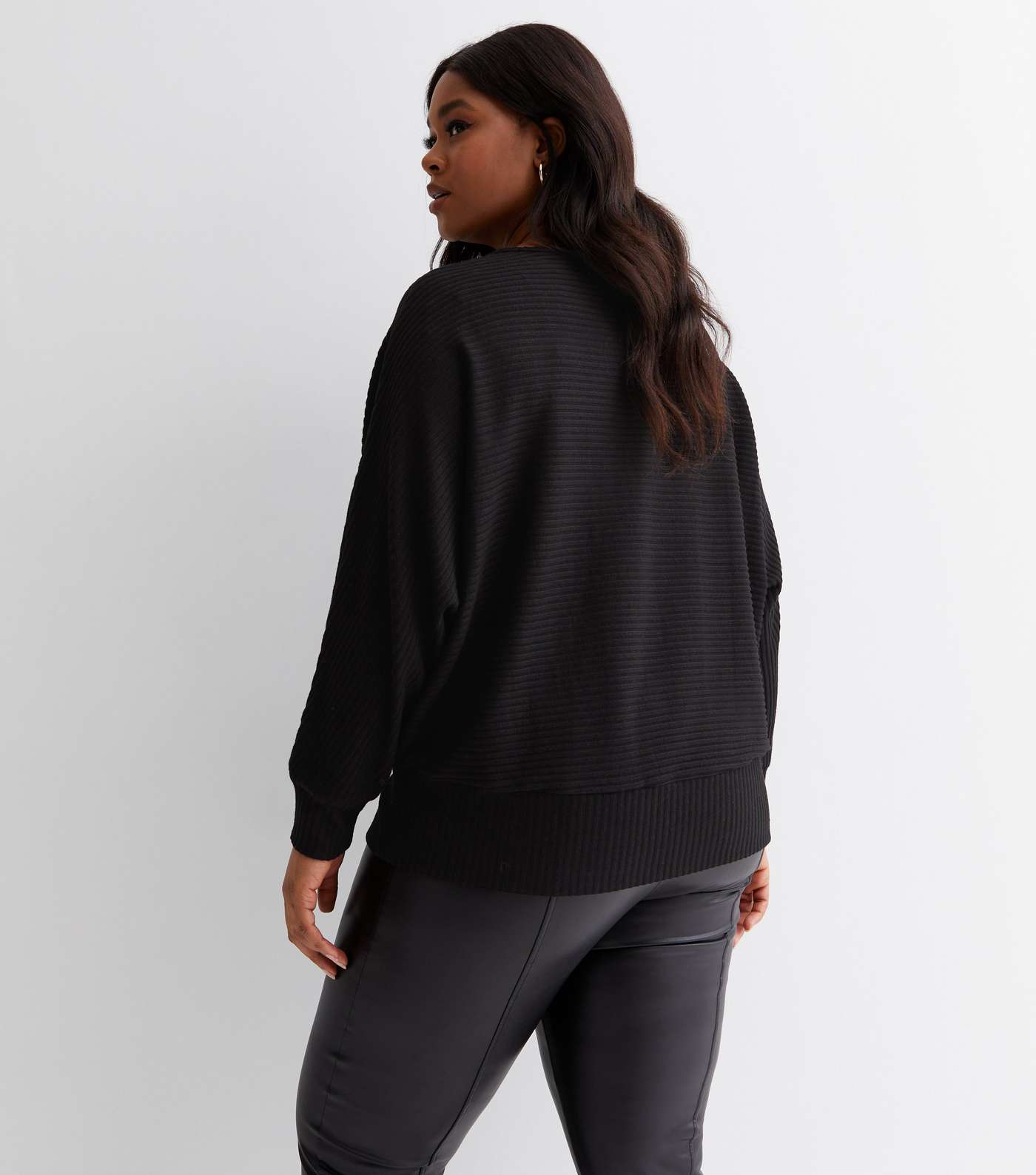 Curves Black Ribbed Fine Knit Batwing Top Image 4