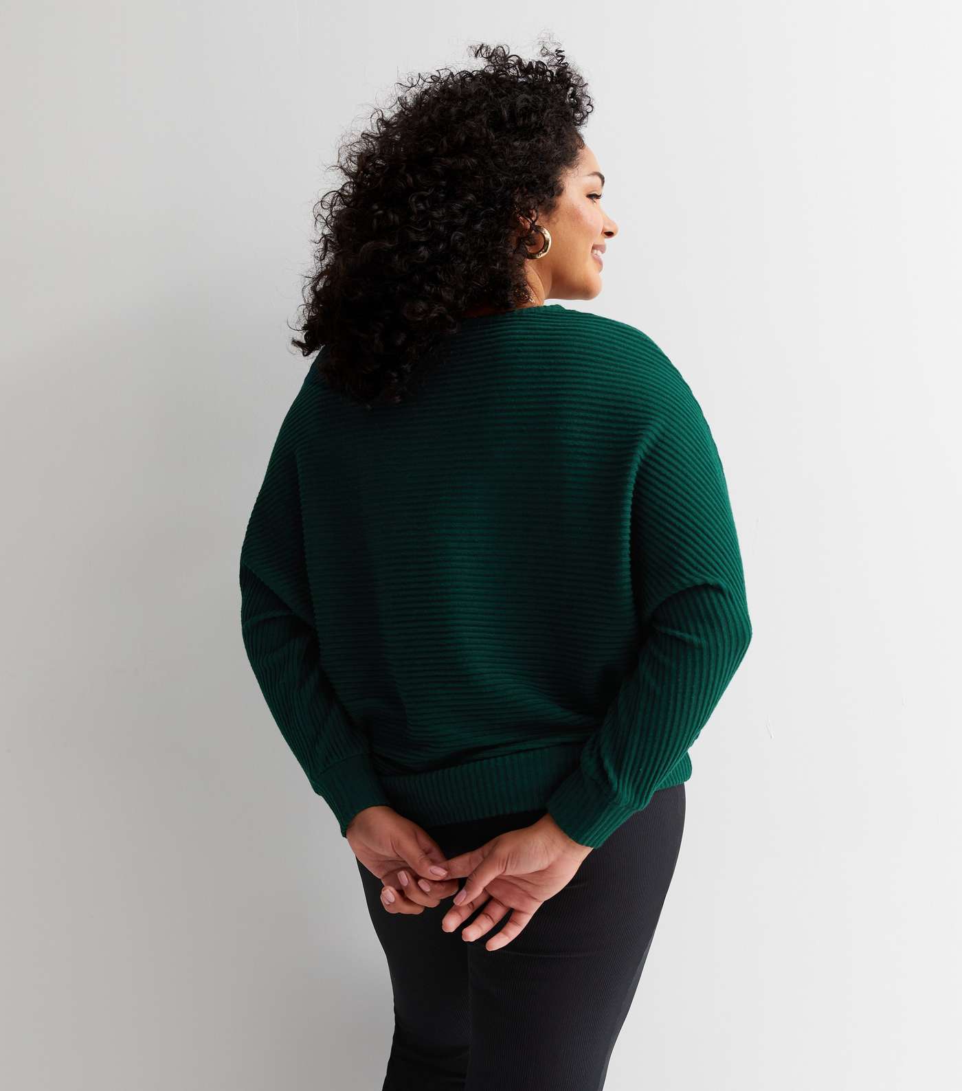 Curves Dark Green Ribbed Fine Knit Batwing Top Image 4