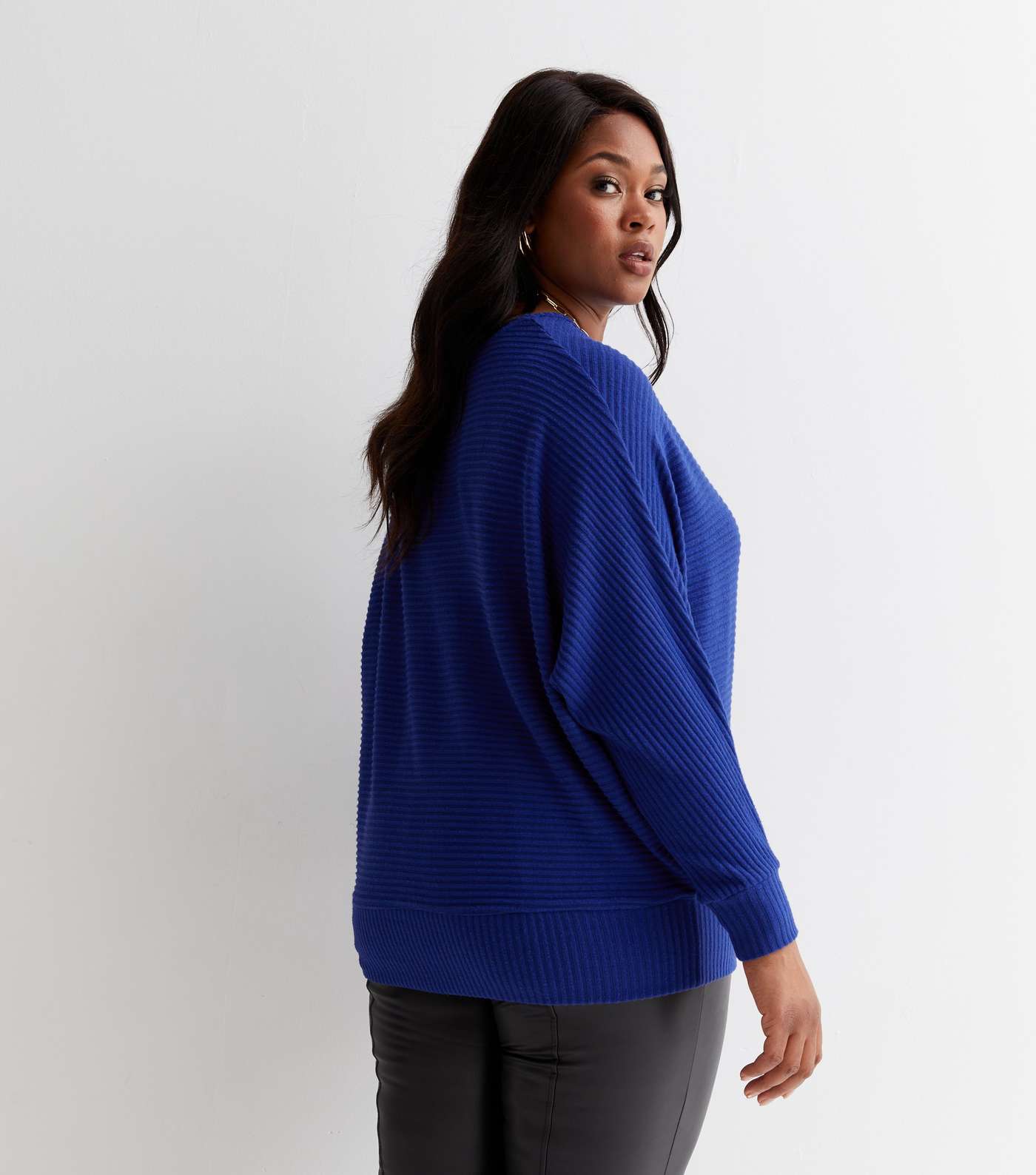 Curves Bright Blue Ribbed Fine Knit Batwing Top Image 4