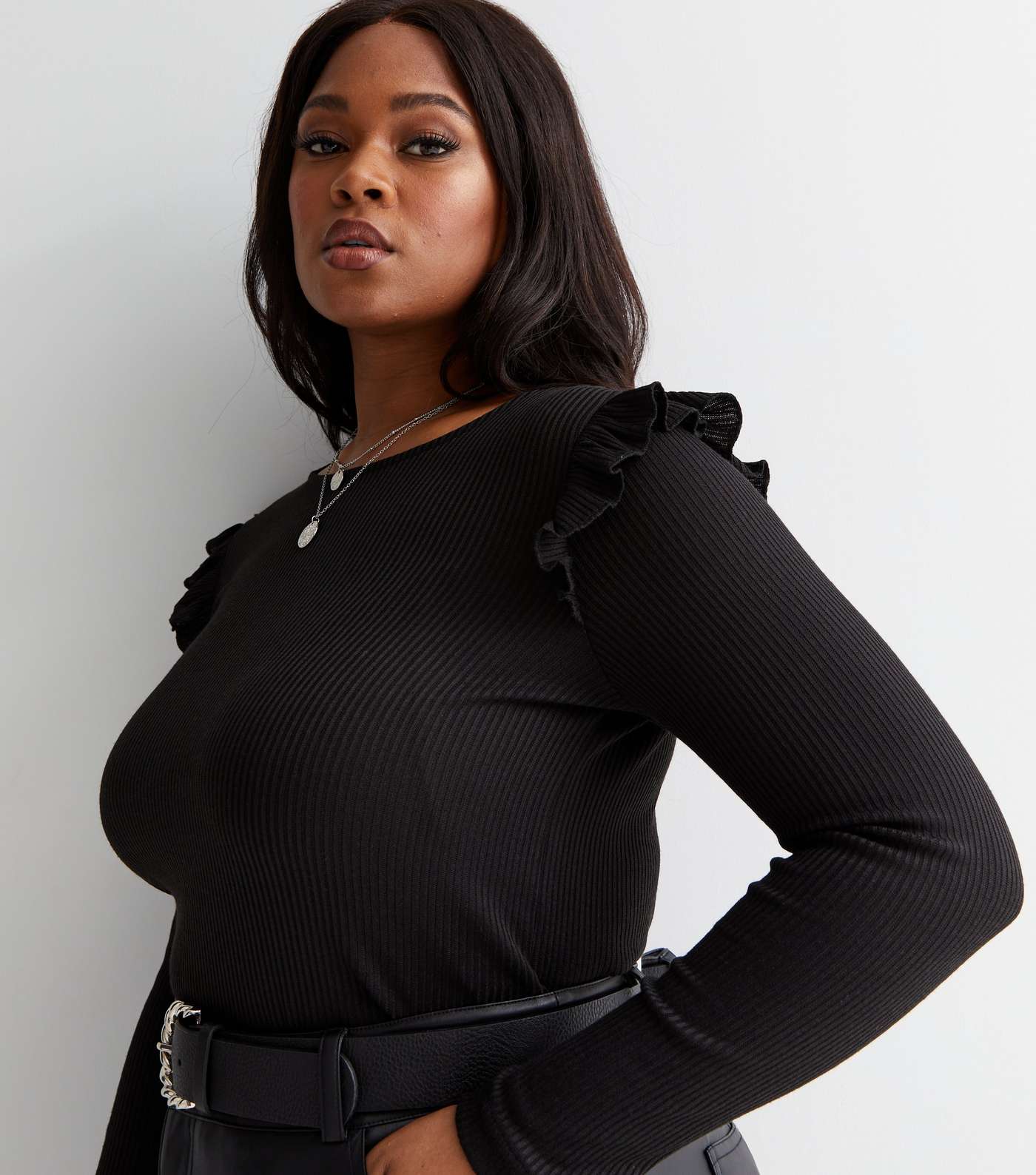 Curves Black Ribbed Knit Frill Long Sleeve Top Image 3