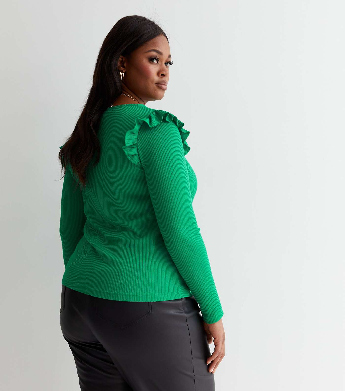 Curves Green Ribbed Knit Frill Long Sleeve Top Image 4
