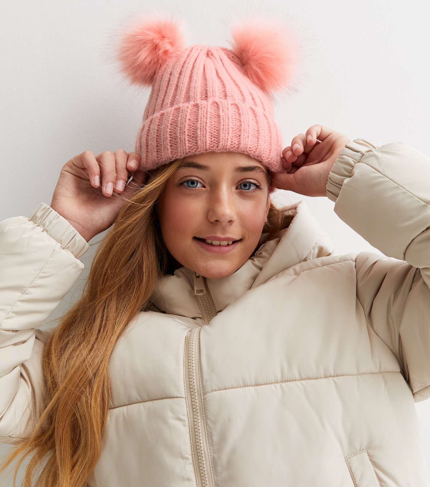 Girls Pink Ribbed Double Faux Fur Pom Pom Bobble Hat