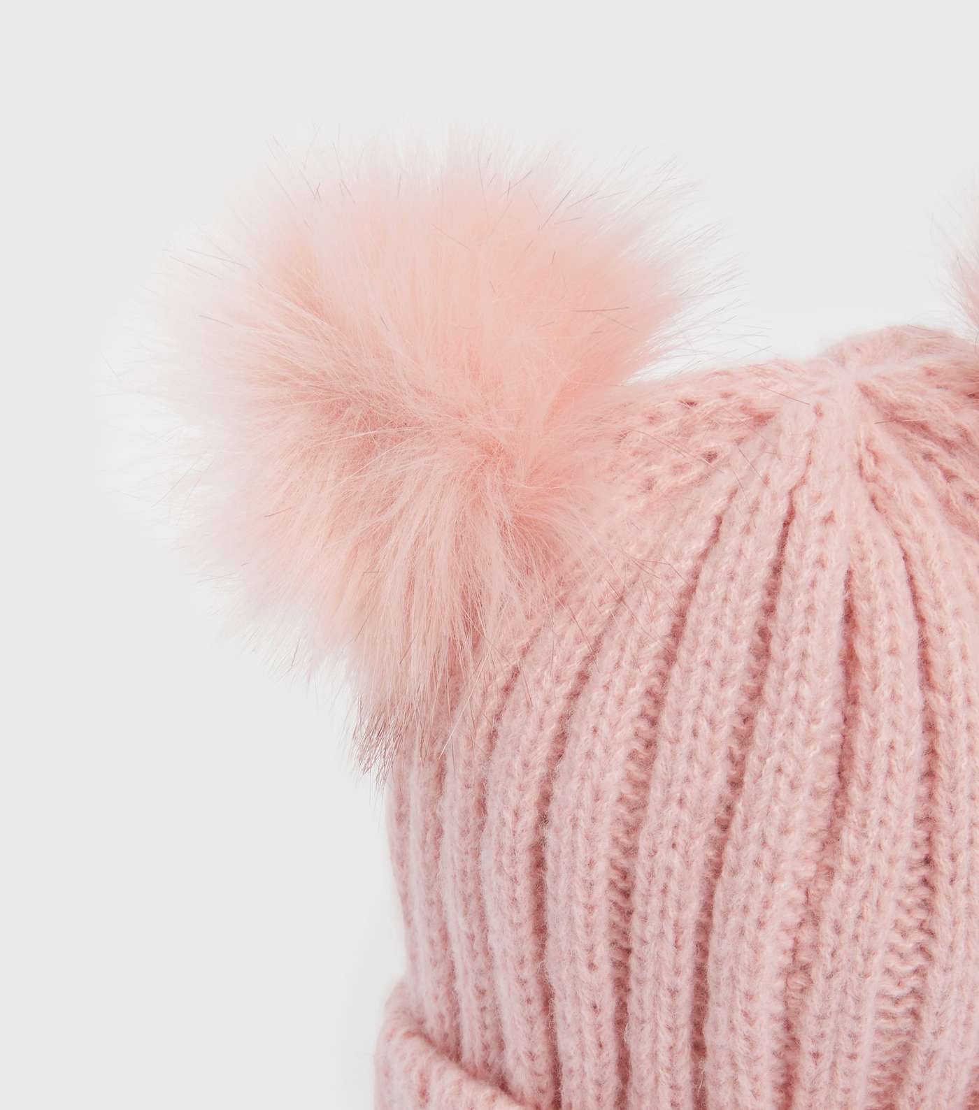 Girls Pink Ribbed Double Faux Fur Pom Pom Bobble Hat Image 3