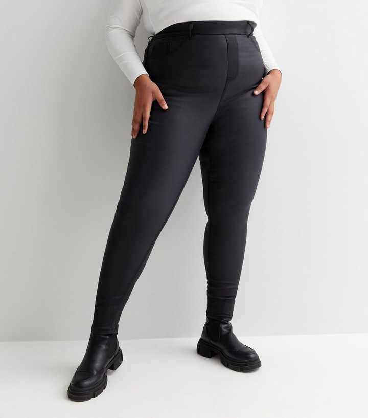 Curves Black Coated Leather-Look High Waist Jeggings