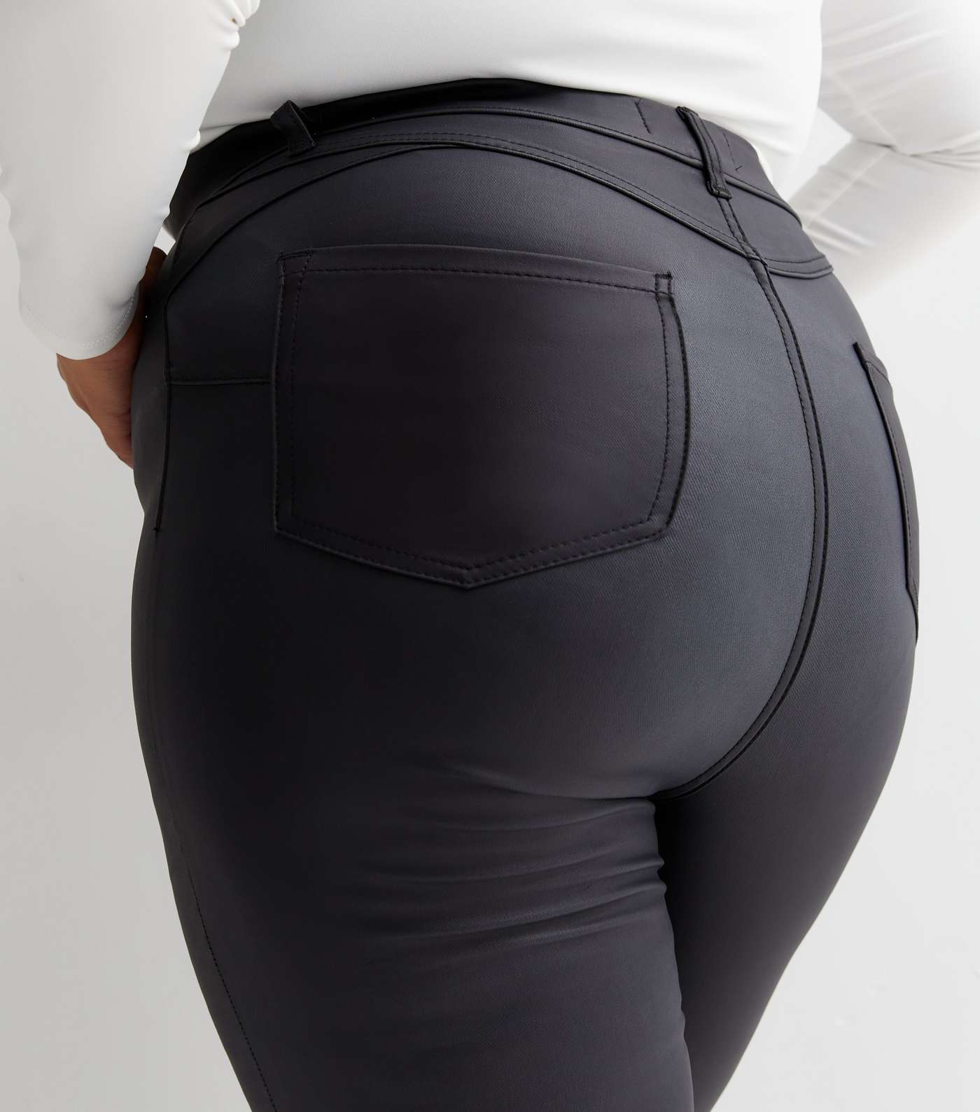 Curves Black Coated Leather-Look High Waist Jeggings Image 3