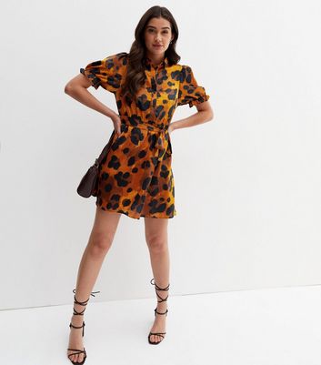 Brown Leopard Print Satin Belted Mini Shirt Dress