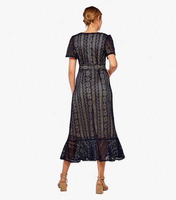 Apricot Navy Lace Tiered Midi Dress New Look