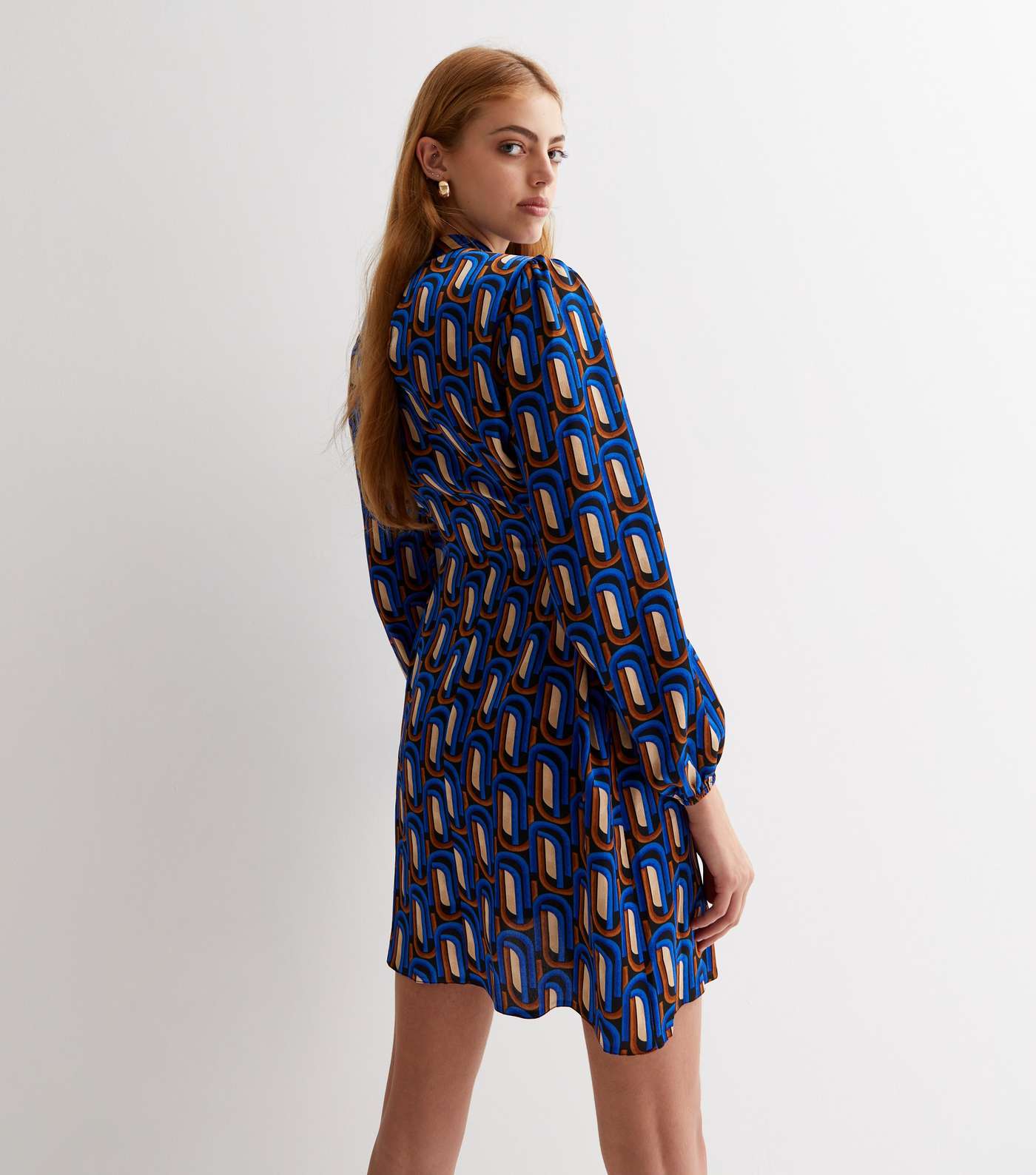 Blue Geometric High Neck Long Puff Sleeve Tie Waist Mini Dress Image 4
