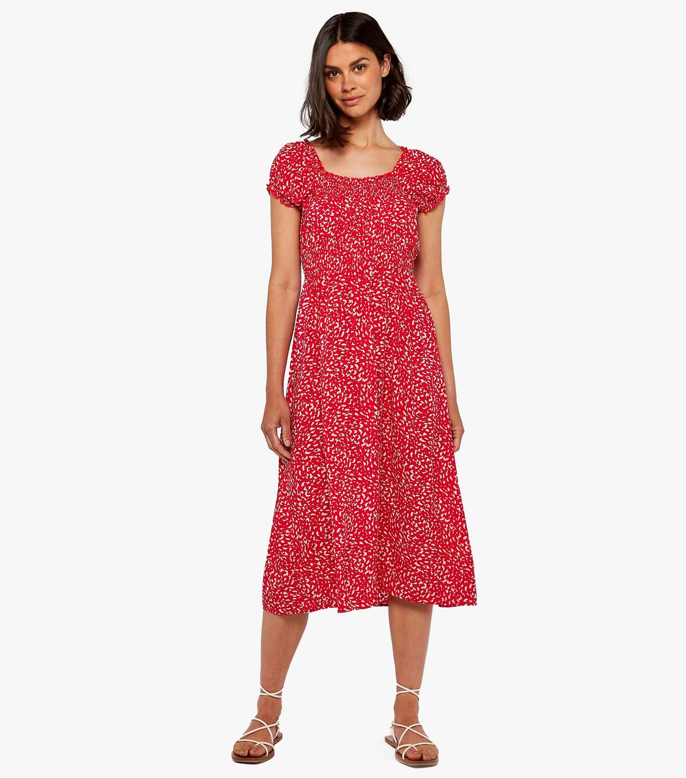 Apricot Red Spot Shirred Frill Midi Dress