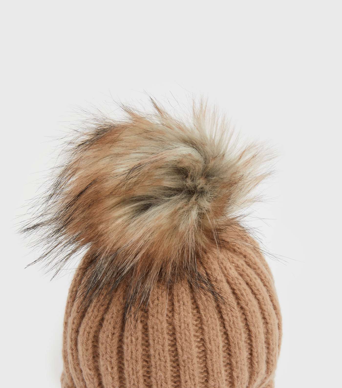 Girls Camel Ribbed Knit Faux Fur Pom Pom Bobble Hat Image 3