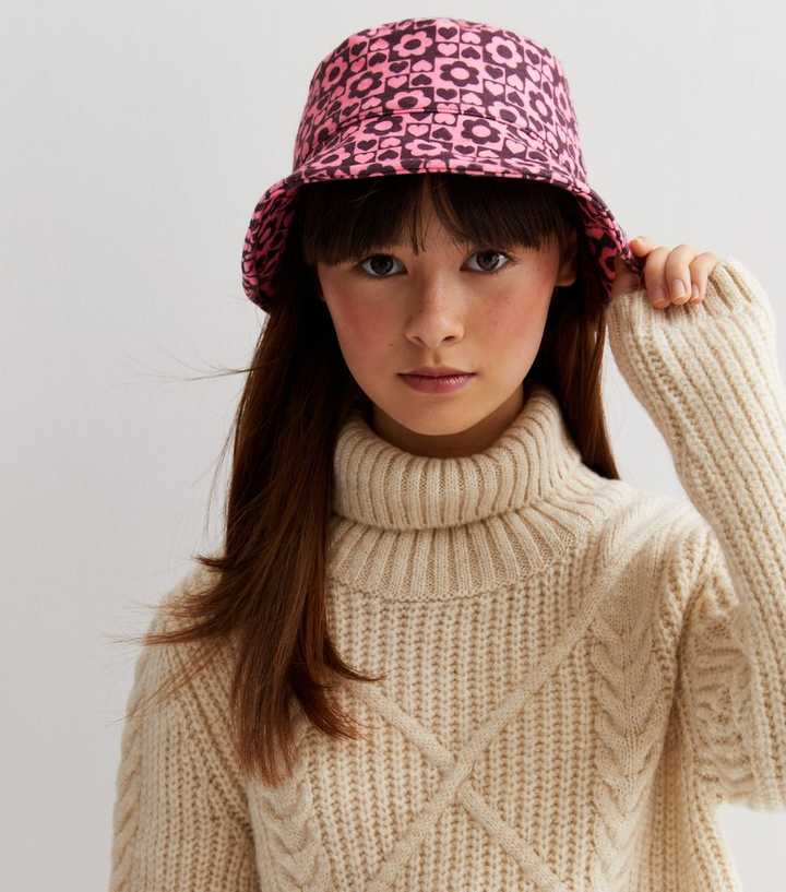 Girls Pink Daisy Checkerboard Felt Bucket Hat New Look