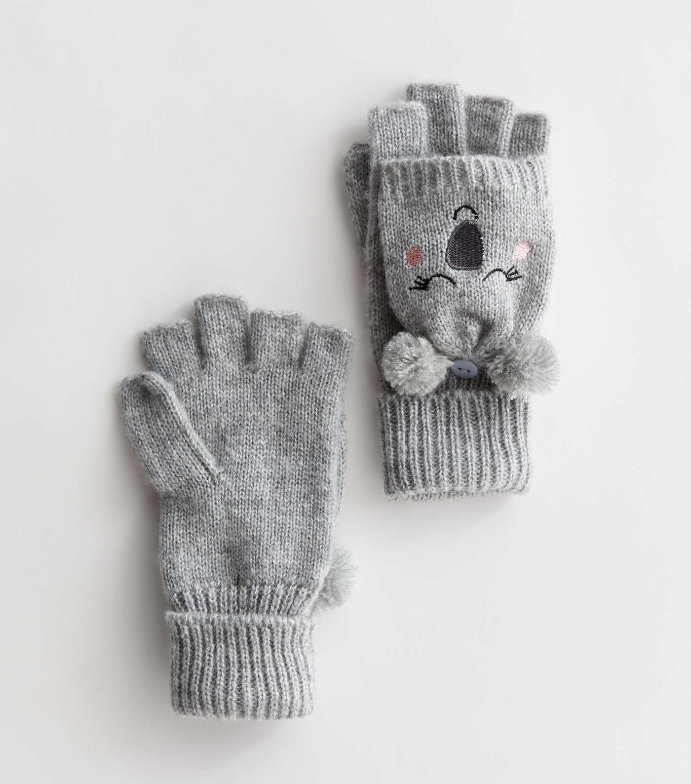 Girls Grey Koala Knit Flip Top Gloves