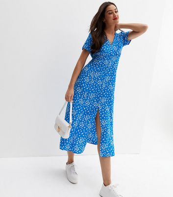 Blue Ditsy Floral Button Front Short Sleeve Midi Dress