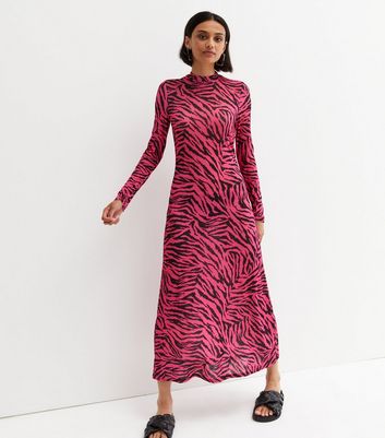 Pink Zebra Print Long Sleeve Midi Dress