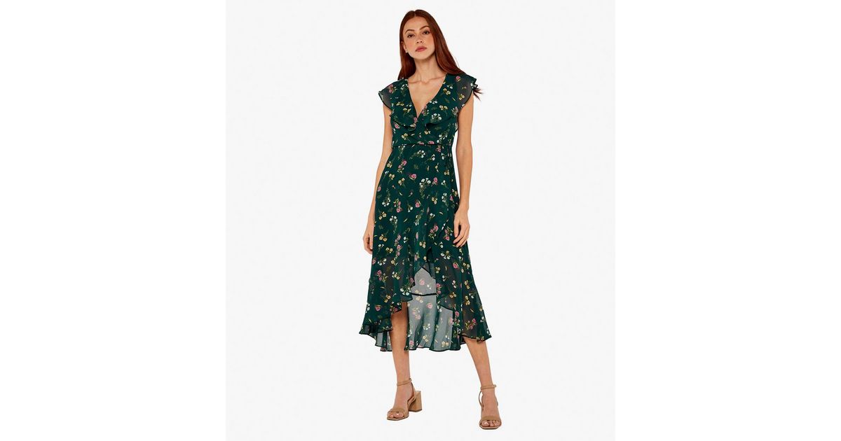 Apricot Green Floral Frill Midi Wrap Dress | New Look