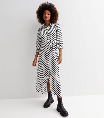 Black Stripe Tie Waist Midaxi Shirt Dress