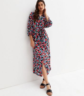 Black Floral 3/4 Puff Sleeve Belted Midi Shirt Dress