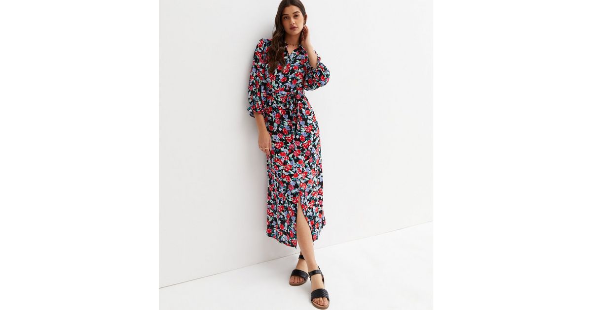 Black Floral 3/4 Puff Sleeve Belted Midi Shirt Dress