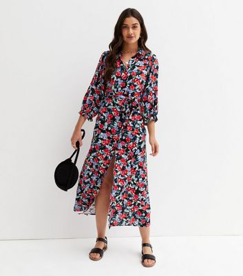 Black Floral 3 4 Puff Sleeve Belted Midi Shirt Dress New Look