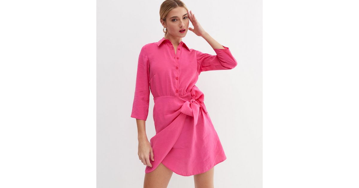 Bright Pink 3/4 Sleeve Mini Wrap Shirt Dress New Look