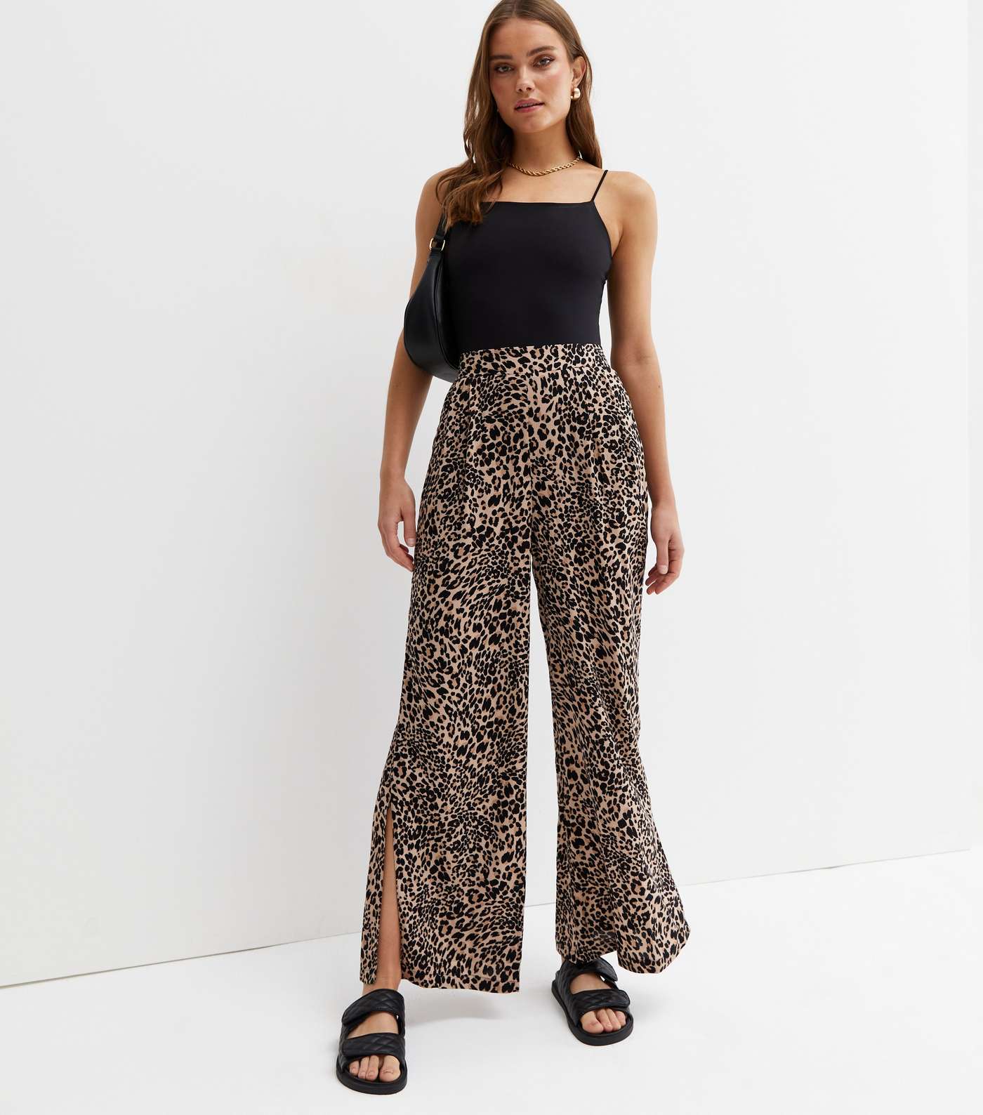 Brown Leopard Print Wide Leg Split Hem Trousers