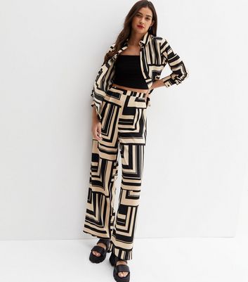 Black Geometric Square Print Satin Wide Leg Trousers