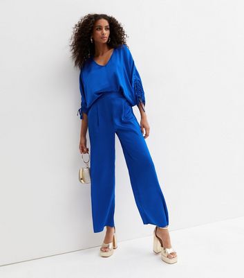 Bright Blue Satin High Waist Wide Leg Trousers