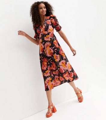 Black Floral Ruched Sleeve Split Hem Midi Dress