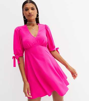 Bright Pink V Neck Tie Sleeve Mini Tea Dress