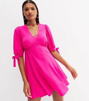 Bright Pink V Neck Tie Sleeve Mini Tea Dress | New Look