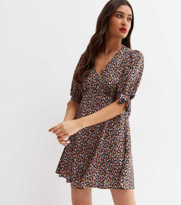 Black Ditsy Floral V Neck Tie Sleeve Mini Dress