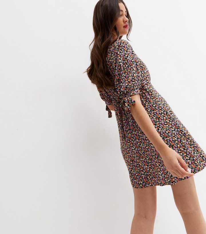 Black Ditsy Floral V Neck Tie Sleeve Mini Dress | New Look