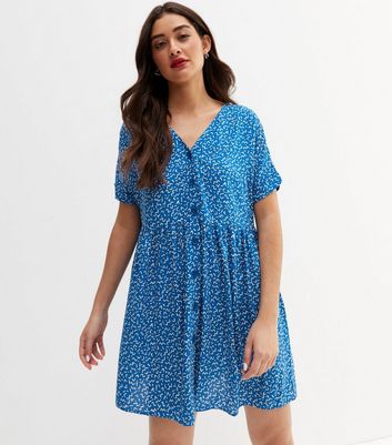 Blue Mark Making Button Front Mini Smock Dress